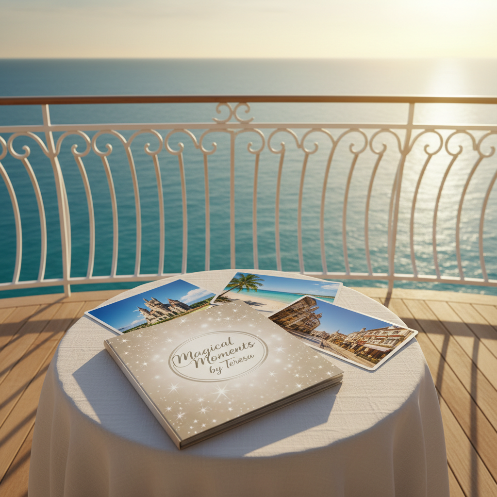A luxurious ocean-view balcony framed by white, curved railings, overlooking a calm turquoise sea that stretches to a glowing horizon. In the foreground, a small round table draped in crisp white linen holds an open travel brochure embossed with silver stars and the elegant logo of Magical Moments Travel by Teresa, surrounded by neatly arranged destination cards picturing castles, tropical beaches, and European cities. Soft golden evening light bathes the scene, casting warm highlights on the brochure’s glossy cover and long, gentle shadows across the balcony floor. Captured from a seated, eye-level perspective with photographic realism and balanced composition, the atmosphere feels magical, serene, and perfectly planned, suggesting dream vacations realized without stress.