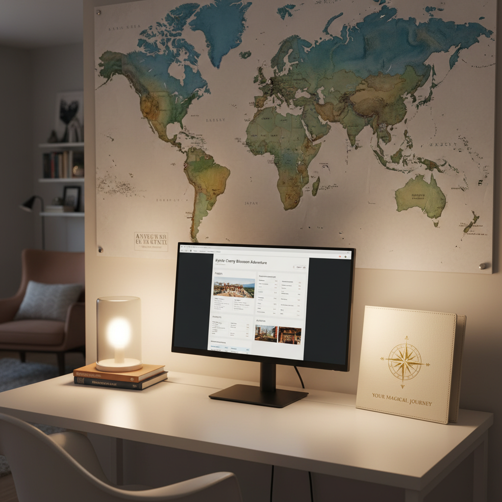 A warmly lit home office corner dedicated to travel planning, featuring a large wall-mounted world map in muted watercolor tones with tiny metallic pins marking favorite destinations. Below it, a clean white desk holds a slim, modern monitor displaying a beautifully structured digital itinerary beside a closed, embossed travel folder labeled “Your Magical Journey.” A frosted glass lamp casts soft, ambient light, creating cozy pools of illumination and delicate shadows around the objects. Captured from a slightly angled, eye-level viewpoint with photographic realism and moderate depth of field, the scene feels professional yet inviting, emphasizing tailored, detail-oriented travel planning that transforms complex logistics into a magical, stress-free experience.