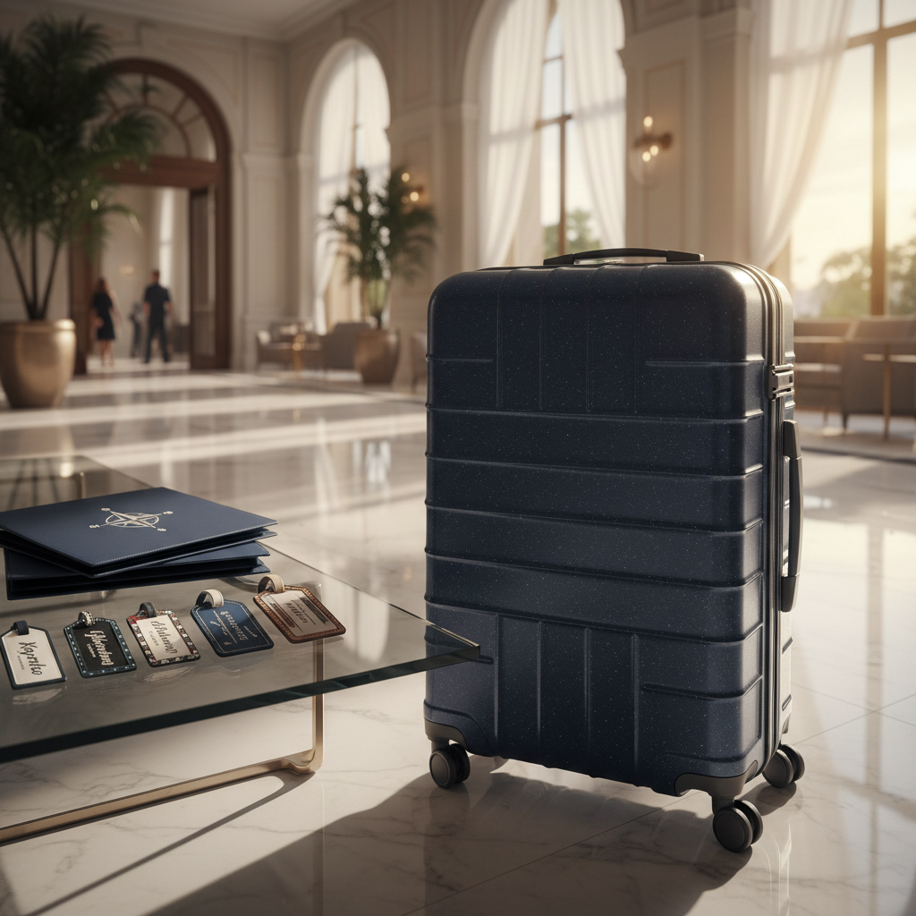 A high-end, hard-shell suitcase in deep midnight blue with subtle metallic flecks stands upright on a pristine hotel lobby floor of polished cream marble. Next to it, an elegant stack of matching travel folders and a neatly arranged collection of luggage tags labeled with various dream destinations sit on a low glass table. Soft, diffused golden hour light streams through tall, sheer-draped windows in the background, creating gentle reflections on the suitcase’s textured surface. Captured at eye level with a shallow depth of field, the foreground details are crisp while the grand lobby architecture fades into a soft bokeh. The photographic realism and warm, inviting atmosphere suggest perfectly organized, magical journeys ready to begin.