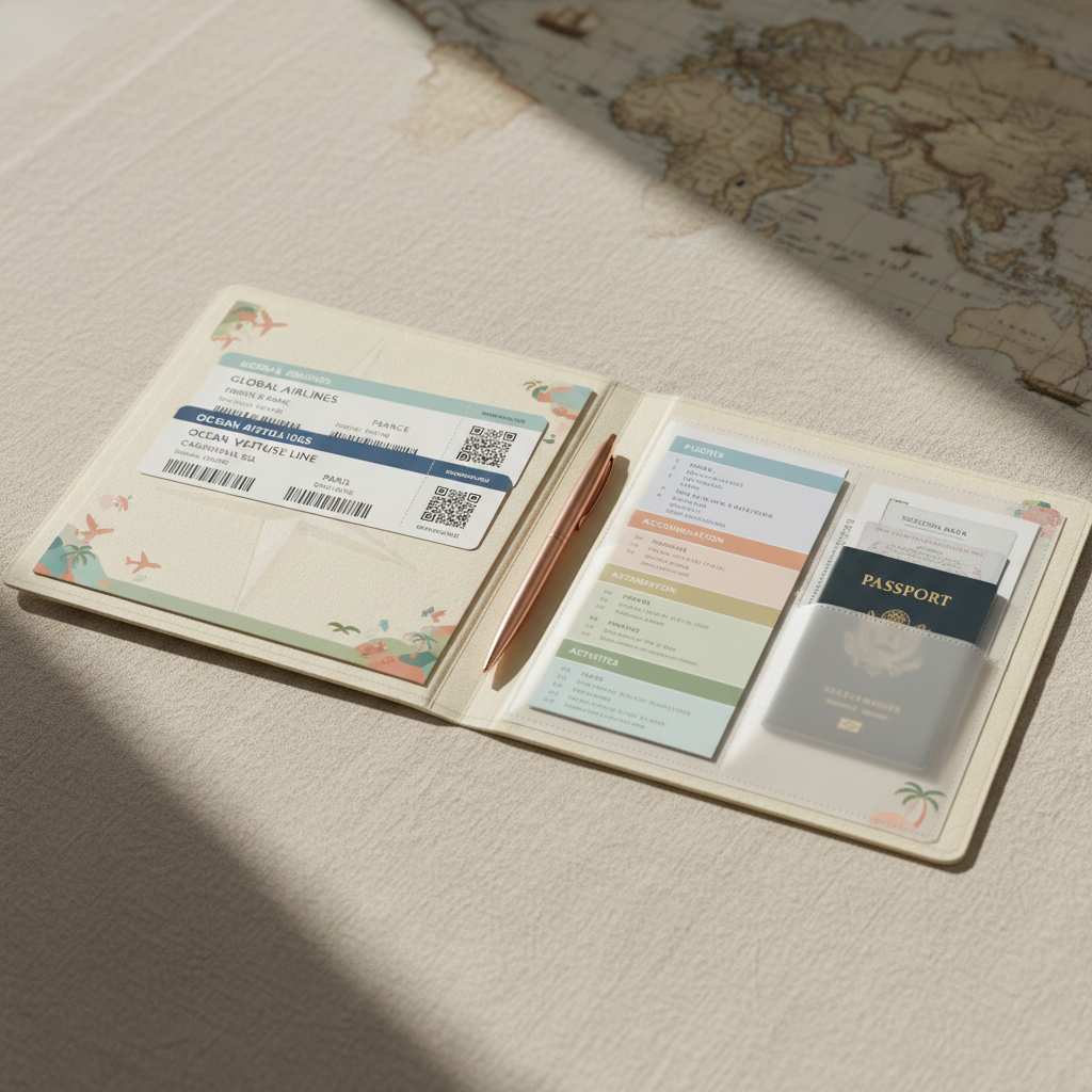 A detailed, close-up view of a meticulously organized travel folder laid open on a pale linen surface, revealing printed boarding passes, a color-coded itinerary, clear plastic sleeves with neatly labeled documents, and a slim, rose-gold pen aligned precisely along the spine. Small illustrated icons of airplanes, cruise ships, and palm trees decorate the margins of the pages in soft, muted colors. Gentle, natural morning light from a nearby window washes over the scene, creating delicate paper shadows and a sense of calm order. Photographed from a slightly elevated angle with crisp focus on the folder and a softly blurred background including a hint of a world map, the mood is reassuring, professional, and stress-free, emphasizing thoughtful, personalized travel planning.